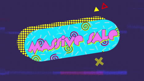 animación de texto de venta masiva sobre burbuja de habla retro y patrón abstracto en fondo púrpura