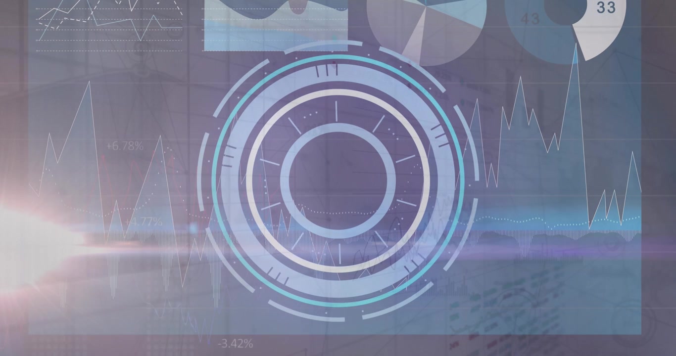 Animation of clock moving over hands of man using laptop