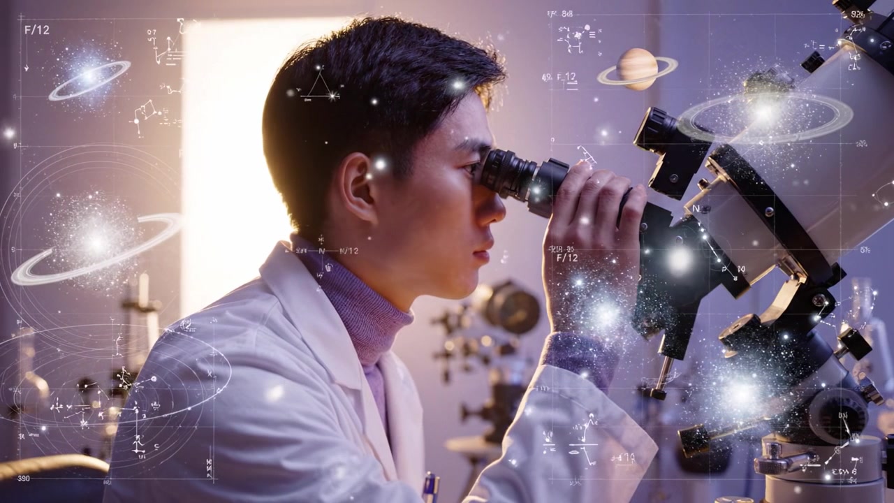 Nuori tähtitieteilijä tarkkailee taivaallisia ihmeitä kaukoputken läpi, vangiten universumin kauneuden ja sen mysteerit laboratorioympäristössä.