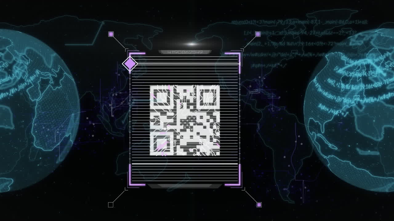 animación del procesamiento de datos de código qr y la red de conexiones sobre un fondo oscuro
