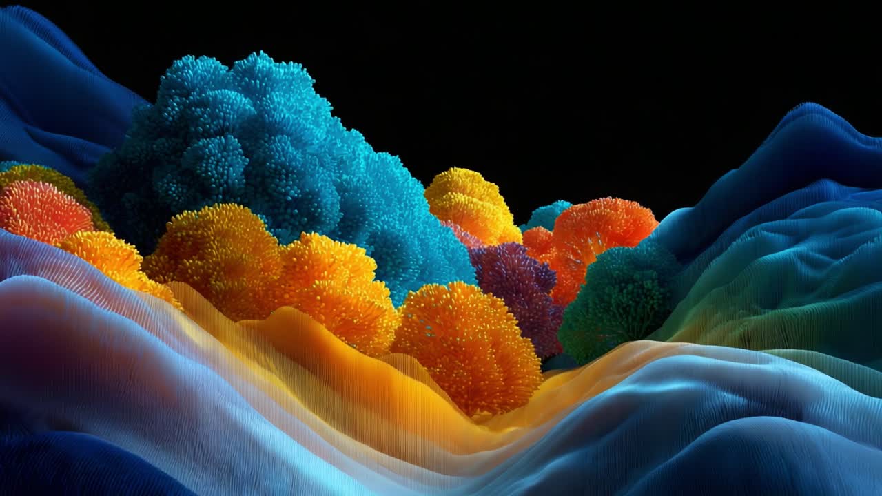 An Abstract Vibrant Landscape of Colorful Organic Forms and Fluid Shapes, Featuring Vivid Hues and Textures That Evoke a Sense of Depth and Movement in a Surreal Environment