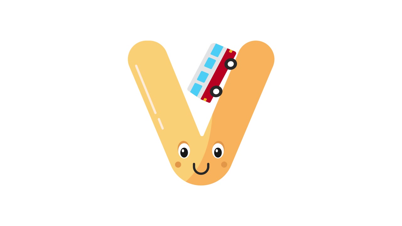 Smilende tegneseriebogstav V med en lille busanimation