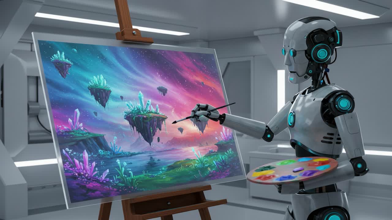 A futuristic robot artist immersed in painting a vibrant alien landscape, showcasing floating islands and colorful, crystal formations on a canvas