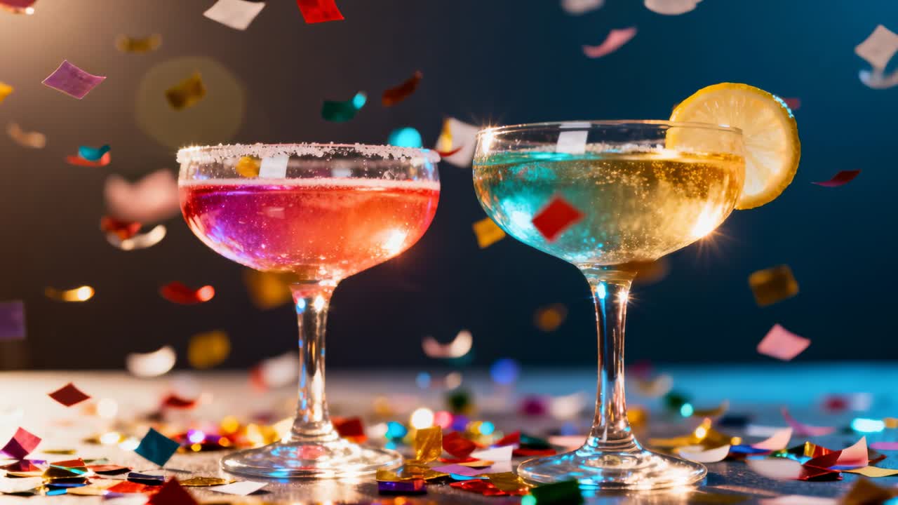 Coriandoli in caduta creano un bagliore celebrativo intorno a due coppe da champagne su un tavolo riflettente, con un limone.