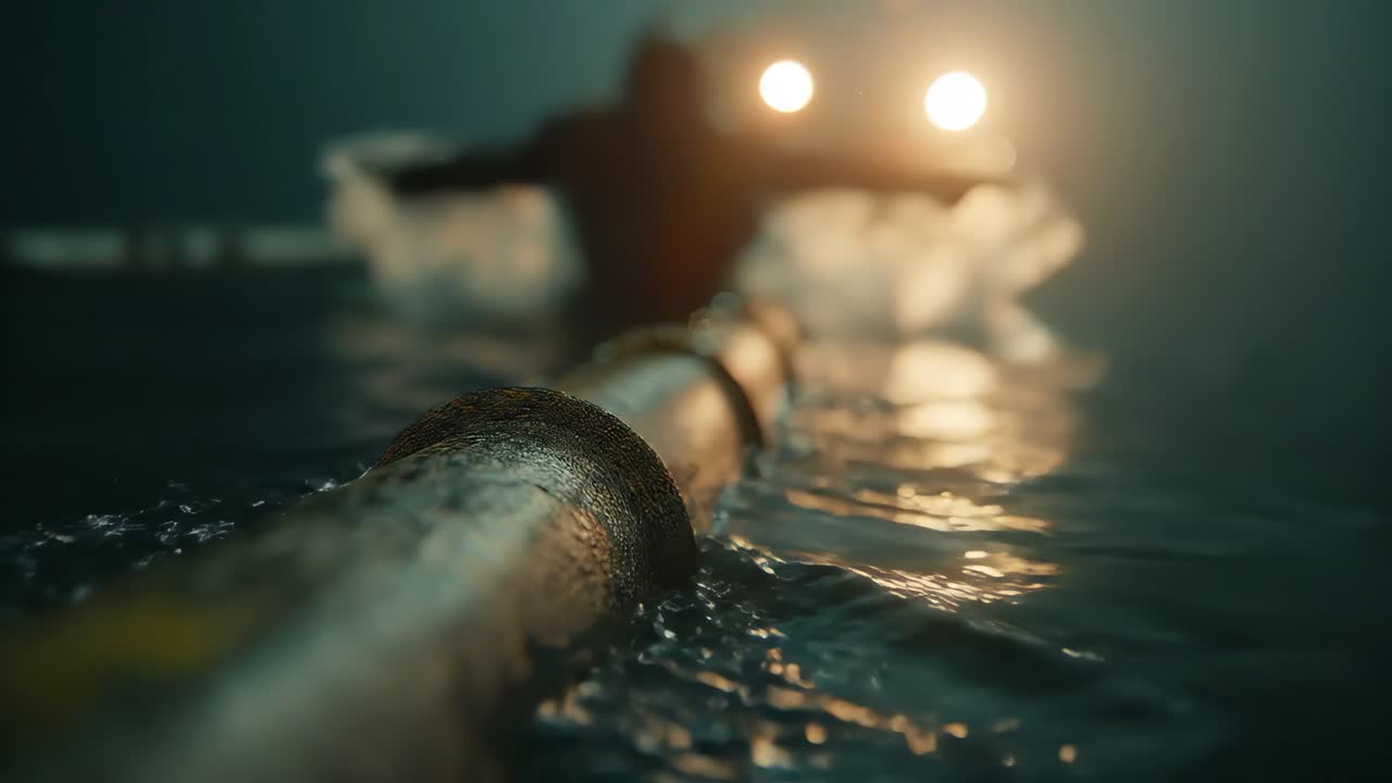 water flow leaking from rusted metal pipe at night