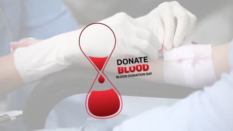 animation of blood bag and donate blood text over caucasian female doctor with patient