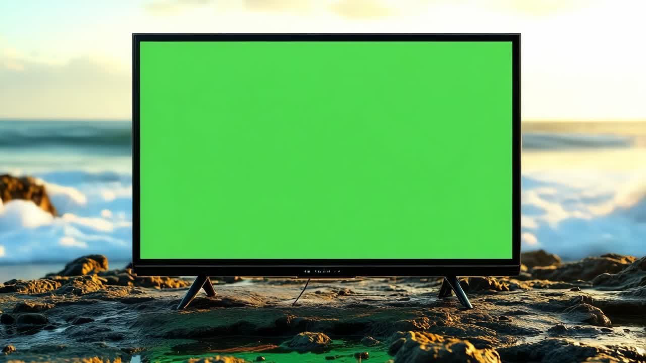 Television mock up featuring a vibrant green screen placed on rocky beach, with gentle ocean waves lapping at the shore and a warm sunset illuminating the scene, creating a serene atmosphere