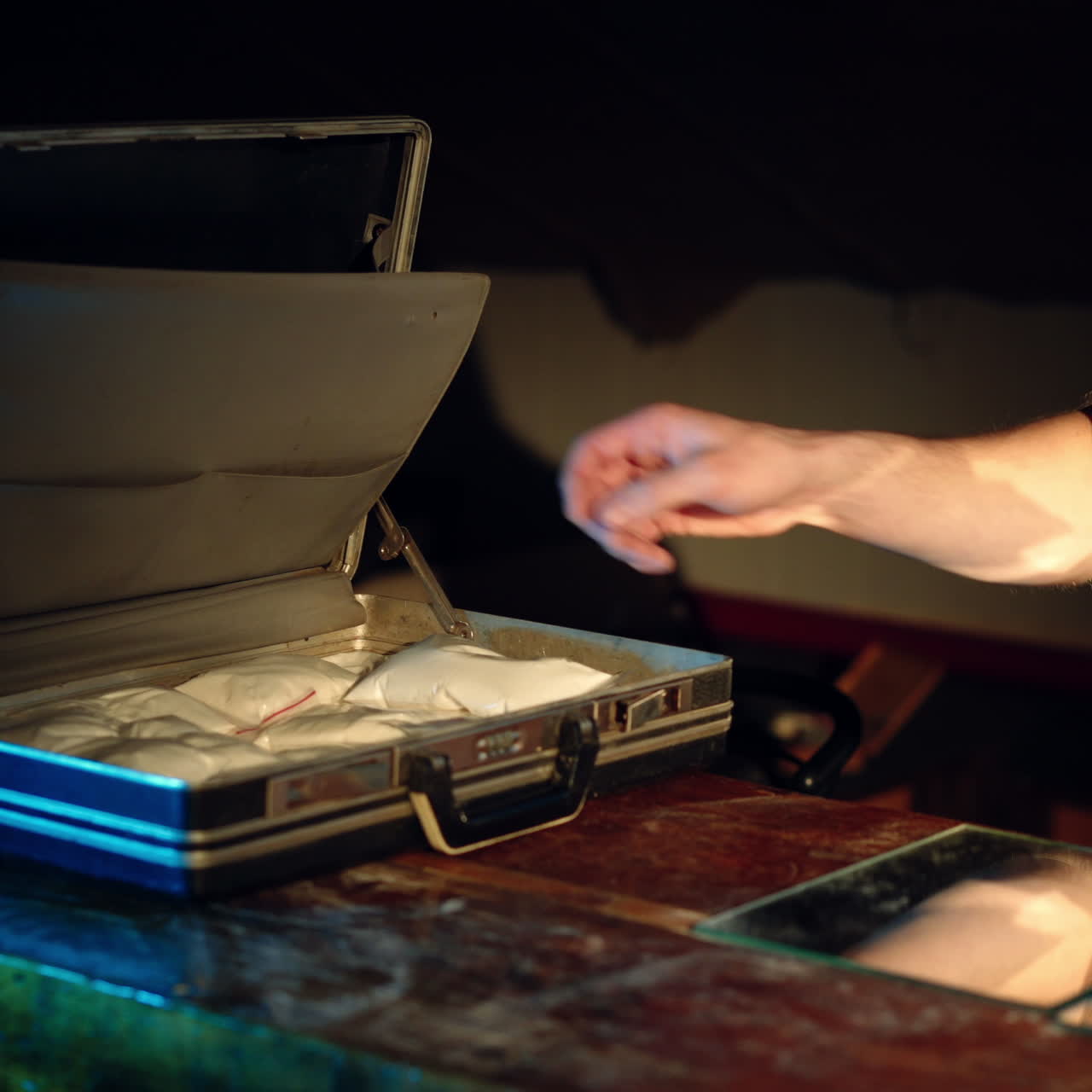 Drug dealer places packets with psychotropic drugs. Many types of drugs lay on the table in front of him. Drugs and the concept of crime.