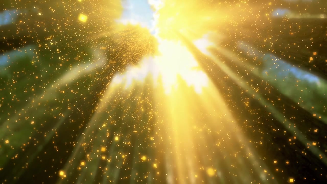 Luz solar filtrándose a través del dosel del bosque con partículas doradas
