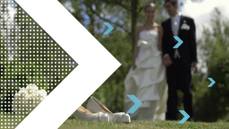 wedding couple walking, arrow animation over white shoes and bouquet on grass