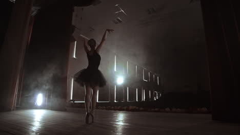 a ballerina dances in a hall with empty seats. a female dancer enjoys the quiet of an empty scene and no audience