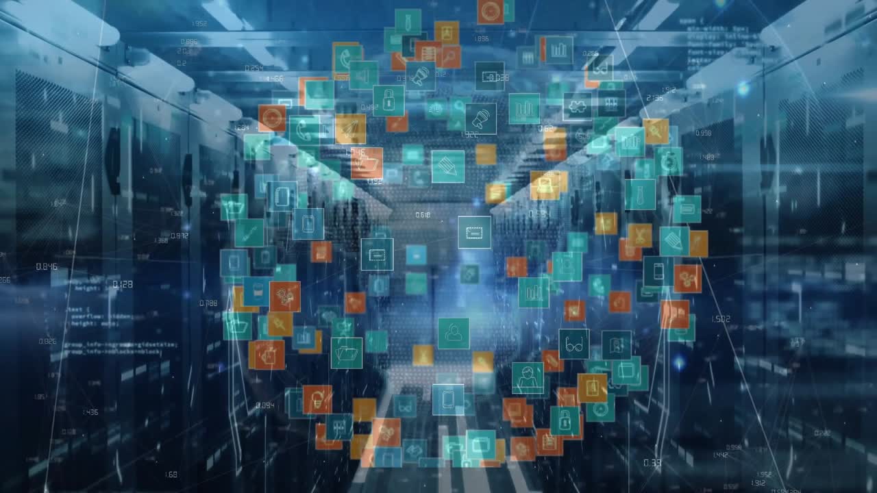Faint teal-orange icons floating expanding converging then dispersing in server corridor