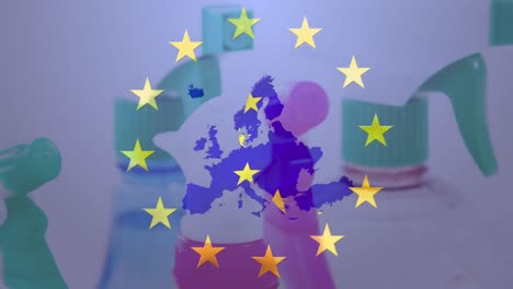 Animation-of-european-union-stars-over-map-and-cleaning-products