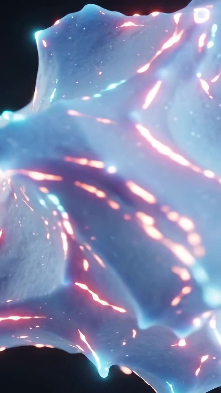 Vertical video: Stretching membrane reorienting at dark void pulsing cyan magenta filaments
