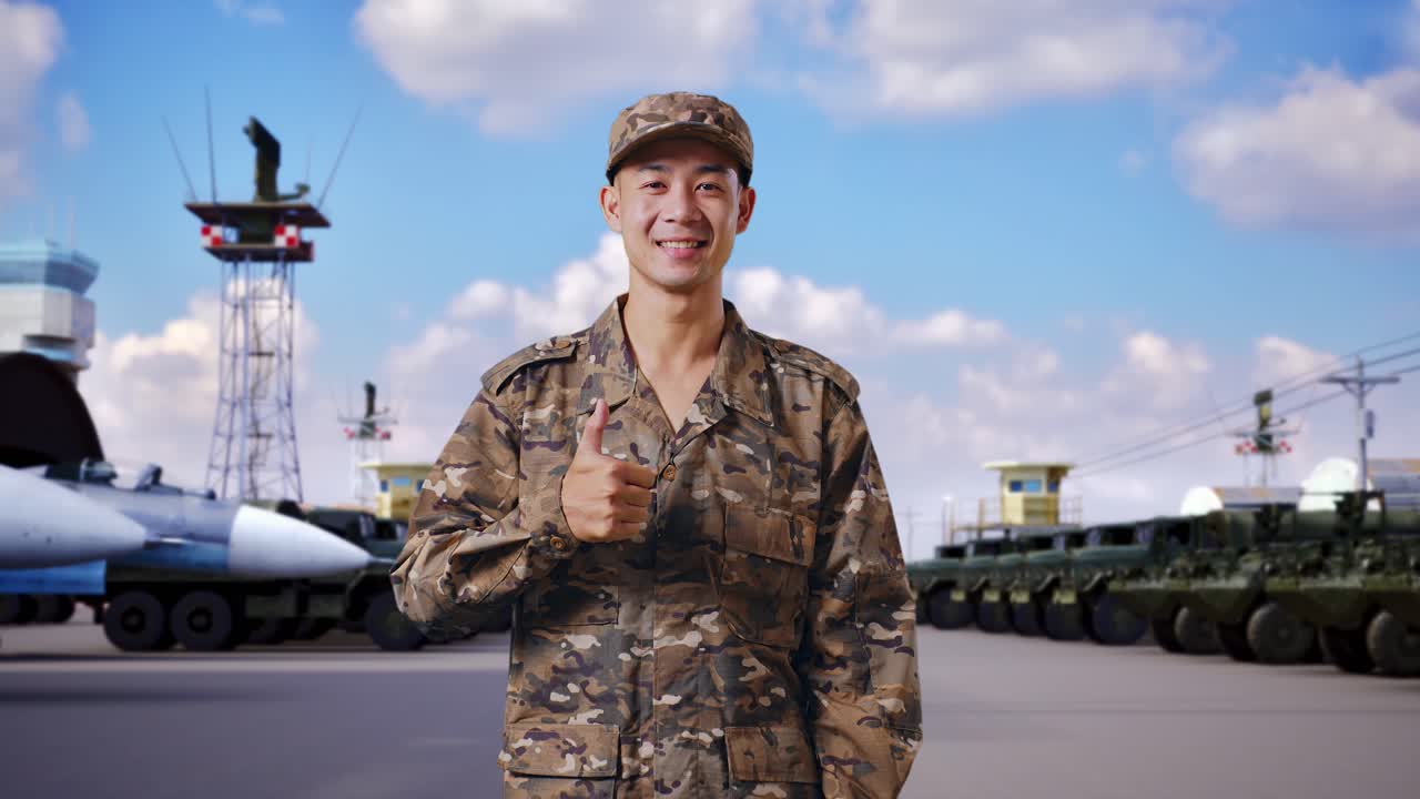 아시아인 군인이 미소 짓고 엄지손가락을 올려 군사 캠프에 서 있는 모습