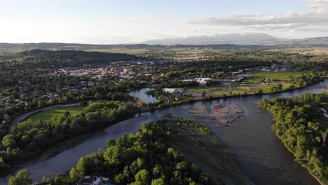 beautiful drone shot over the yellowstone river and livingston montana