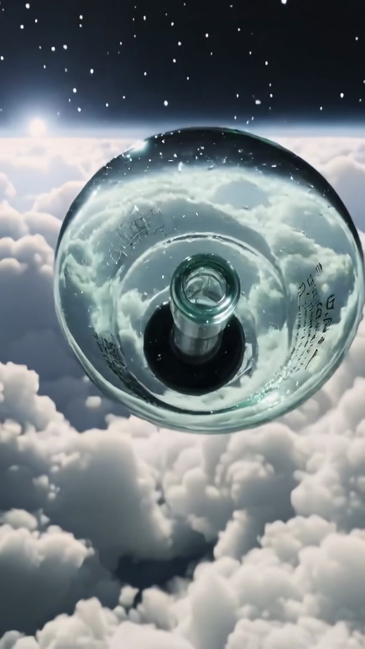 Vertical video: Camera pulling back showing glass bottle spinning to cloud tops, revealing markings