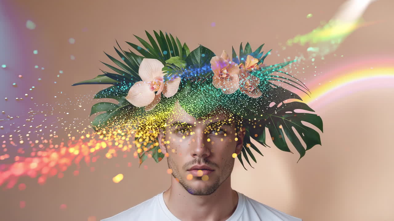 Surreal Portrait of a Man with a Floral Crown and Colorful Particles
