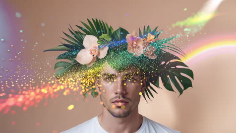 surreal portrait of a man with a floral crown and colorful particles