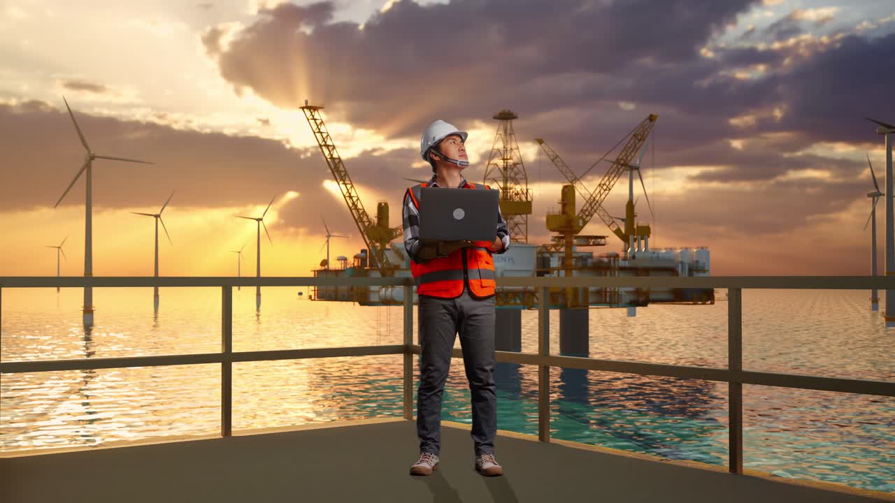 cuerpo lleno de ingeniero masculino asiático con casco de seguridad trabajando en una computadora portátil y mirando a su alrededor mientras está de pie con la producción de hidrógeno en alta mar