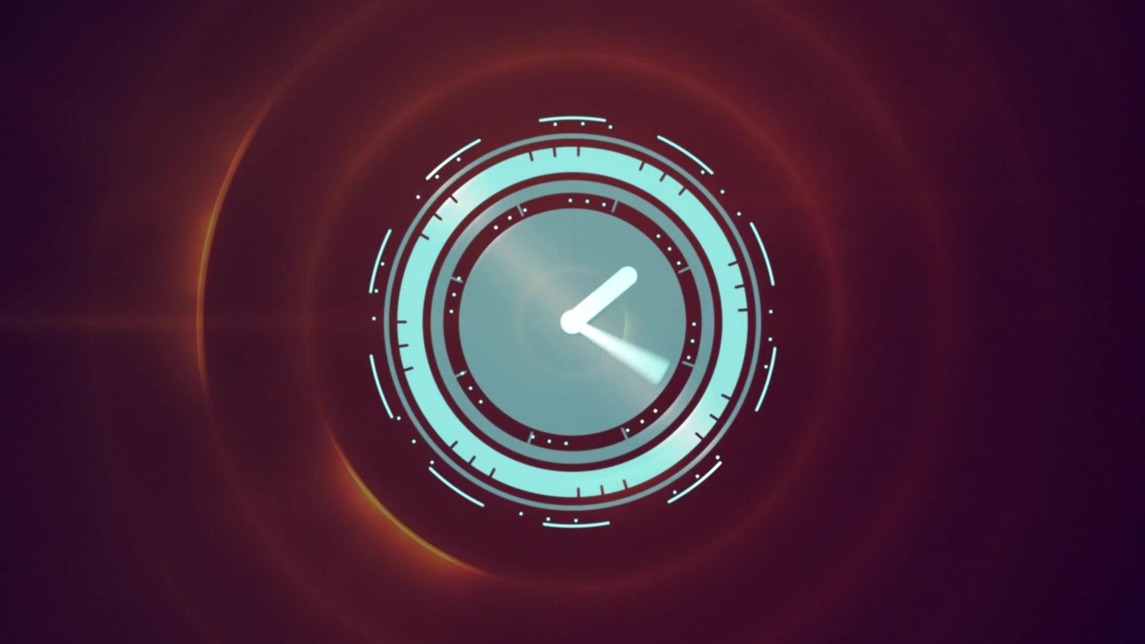 Conto alla rovescia che inizia, orologio ciano centrale con anelli che si espandono e lancette che ruotano, mostrando un conto alla rovescia in loop.