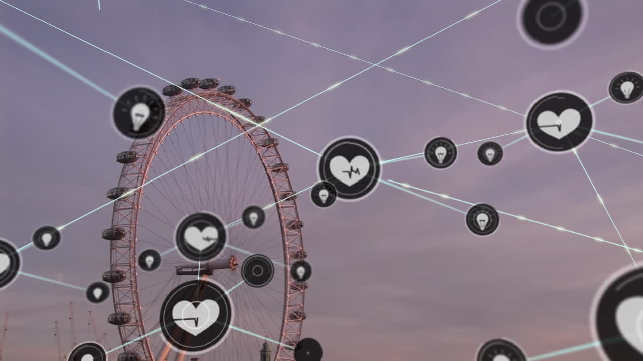 런던 아이의 공중 시야에 대한 디지털 아이콘 네트워크의 애니메이션