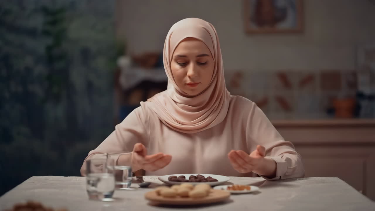 A Muslim woman in hijab prays before iftar meal during Ramadan