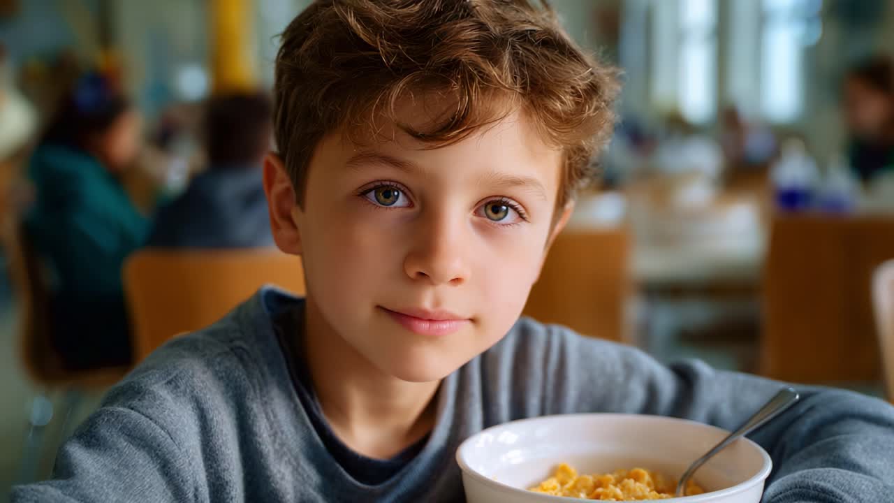 Primo piano accattivante di un ragazzino che fa colazione, con una ciotola di cereali, espressione spontanea, illuminazione soffusa e atmosfera accogliente da caffetteria
