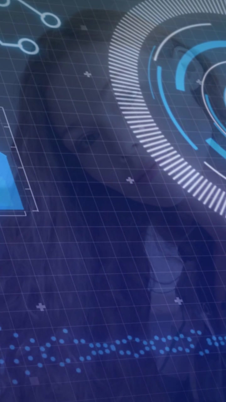 Vertical video: Woman reflecting on tech HUD, shifting pose making rotating rings and rising wave