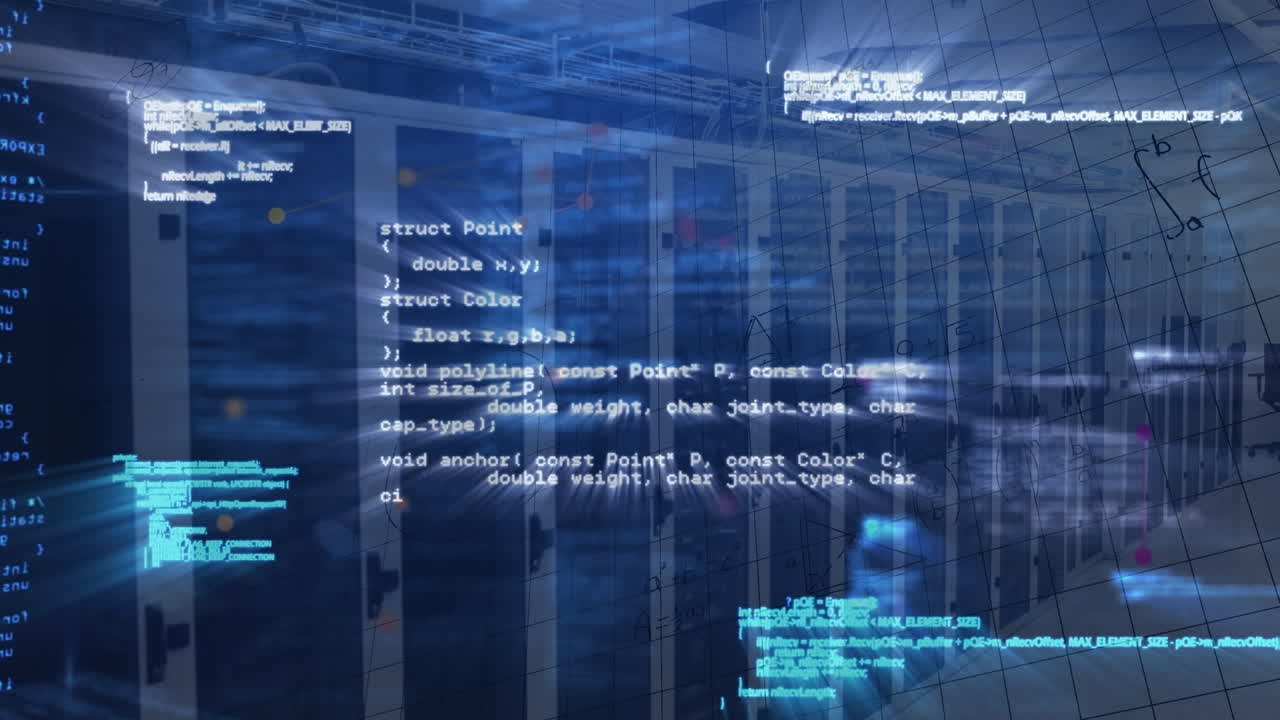 animación del lenguaje informático, ecuaciones matemáticas y diagramas contra la sala del servidor