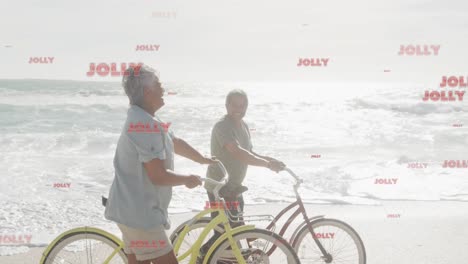 Animation-of-jolly-texts-over-senior-biracial-couple-at-beach