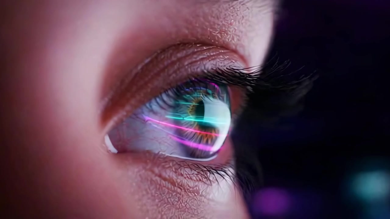 Close-up of Human Eye with Futuristic Digital Holographic Overlay