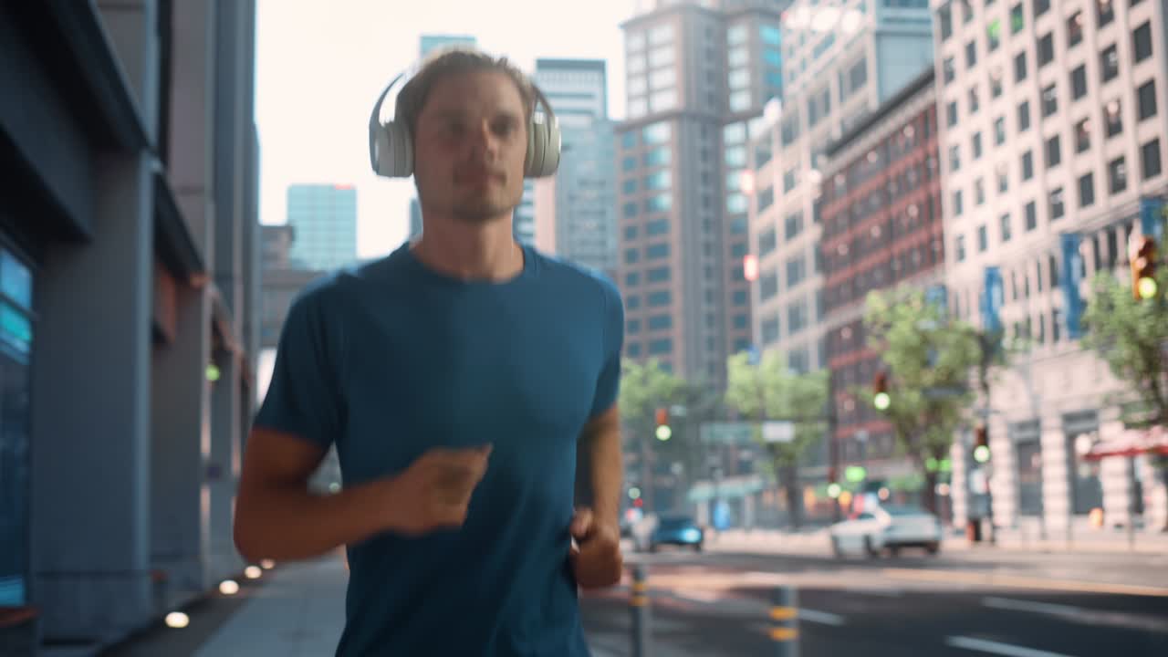 Handsome Young Man is Jogging on a Street of a Big City Center. Male is Running in Blue T-Shirt, Wearing Wireless Headphones with His Favourite Music Playing. Urban Training Workout in the Morning.