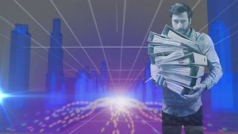 man holding a stack of files against 3d city model