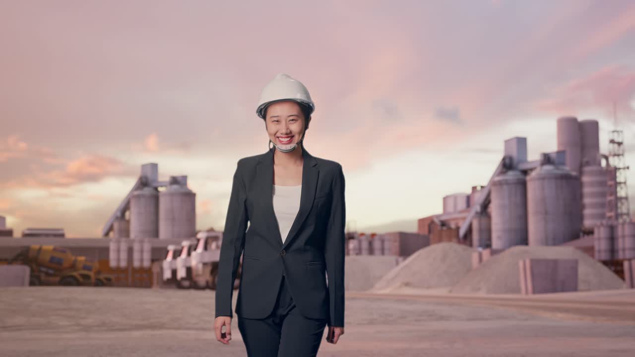 Set forfra: Asiatisk forretningskvinde går og smiler på et industricementanlæg ved solnedgang.