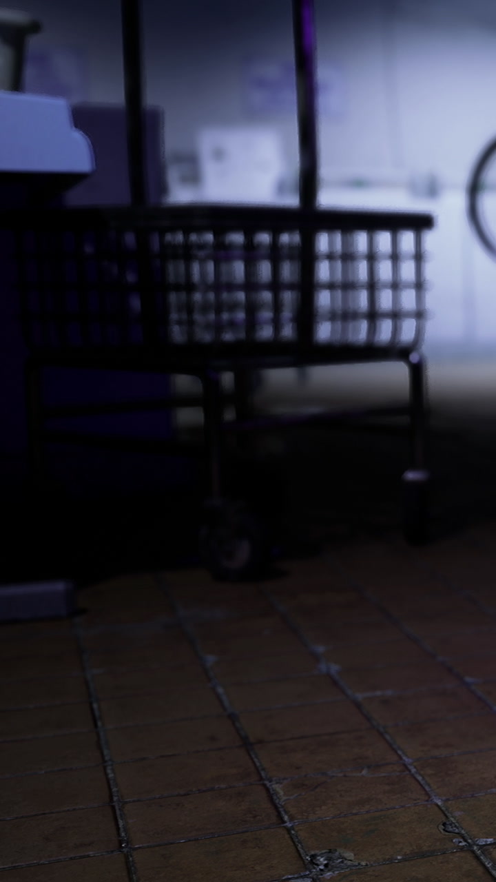 Shopping cart on floor in store at night near check out area
