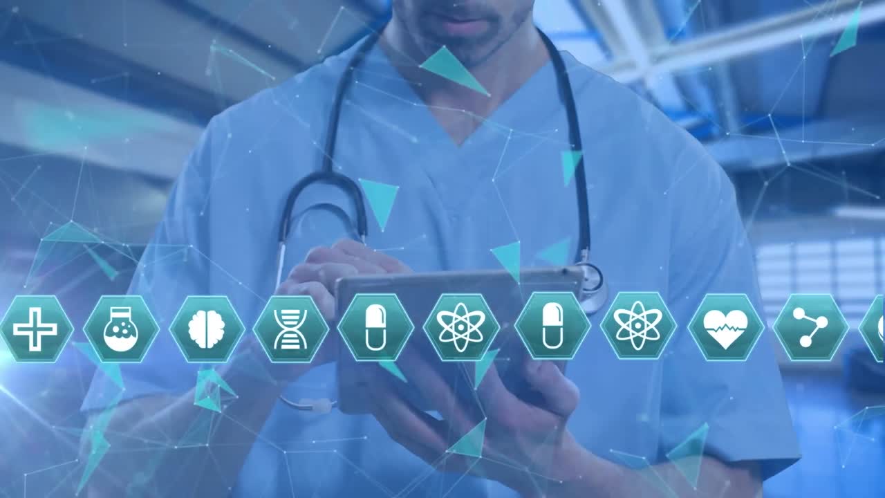 백인 남성 의사의 중간 부분 위에 과학 아이콘이 있는 육각형의 애니메이션