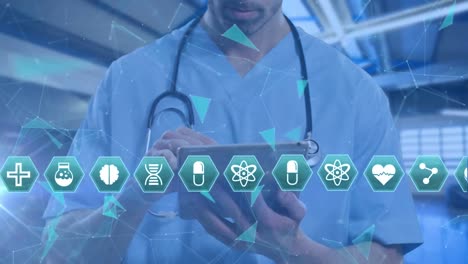 animación de hexágonos con iconos científicos sobre la sección media del médico caucásico