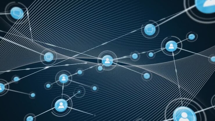 Animation of network of connections with icons on black background