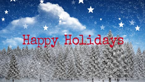 Animation-of-stars-falling-over-happy-holiday-text-banner-against-winter-landscape