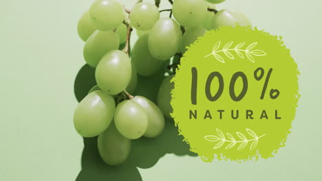 animation of 100 percent natural text on circle over grapes on green background