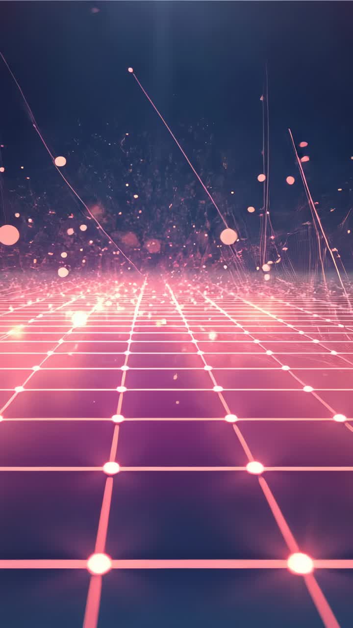 Vertical video: Opening neon grid pulsing drifting particles and rising beams in cyber realm