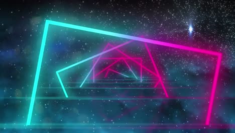 Digital-animation-of-neon-squares-spinning-in-seamless-motion-and-shooting-stars-on-black-background