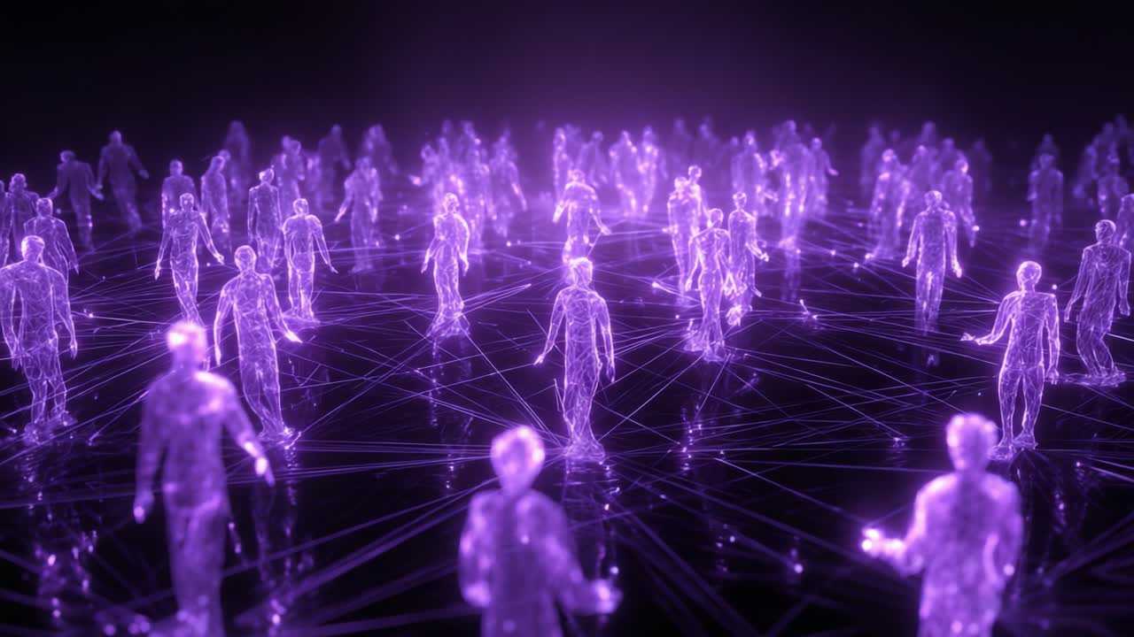 A mesmerizing visualization of interconnected digital figures in a violet network, showcasing the concept of unity and connection within a vast digital landscape filled with ethereal glowing silhouettes
