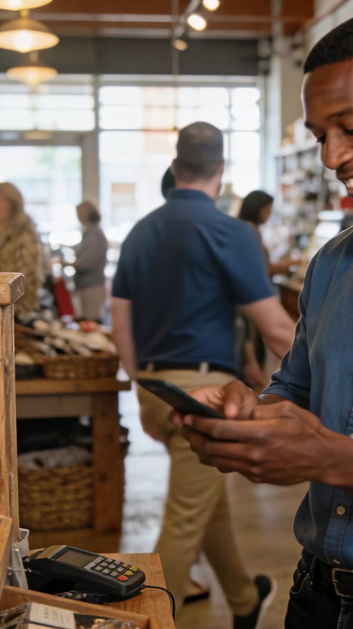 Vertical video: Waiting man in blue shirt checking phone at market counter, card reader nearby
