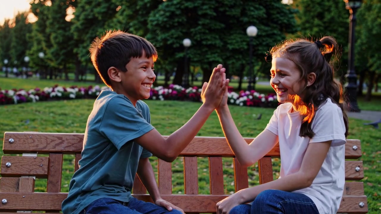 Crianças felizes fazendo "high-five" em um banco de parque ao pôr do sol