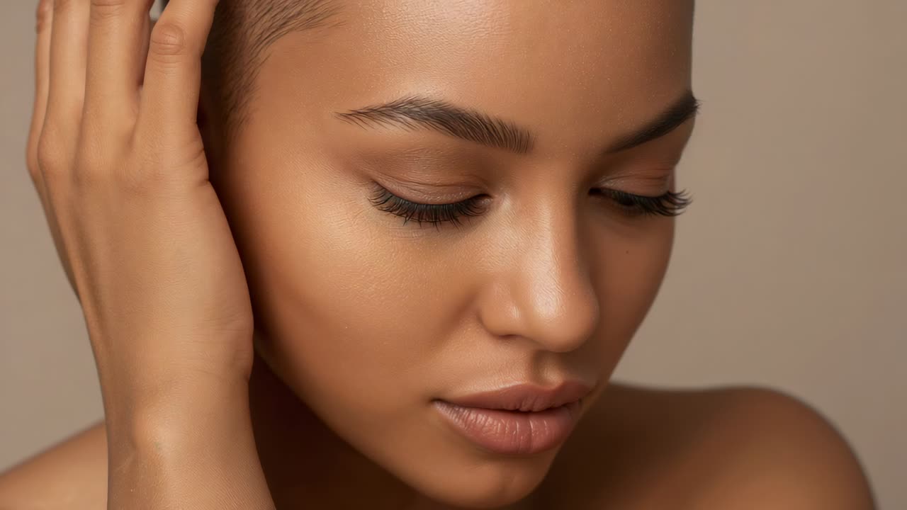 Opening model's eyes while right hand near ear in studio, showing lashes, stud earring