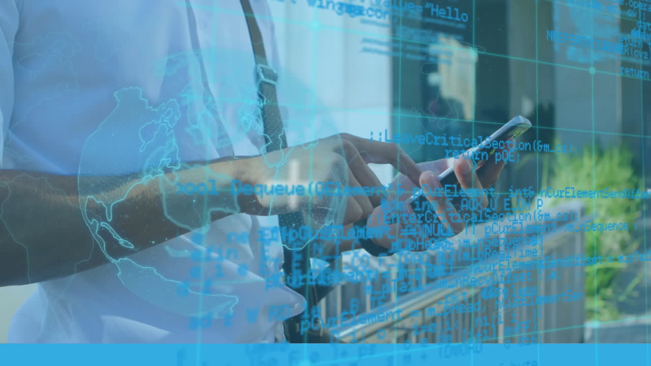 animación del globo y procesamiento de datos sobre un hombre de negocios que usa un teléfono inteligente