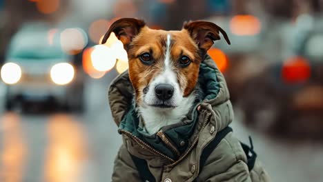 un perro con una chaqueta de pie en el medio de una calle de la ciudad