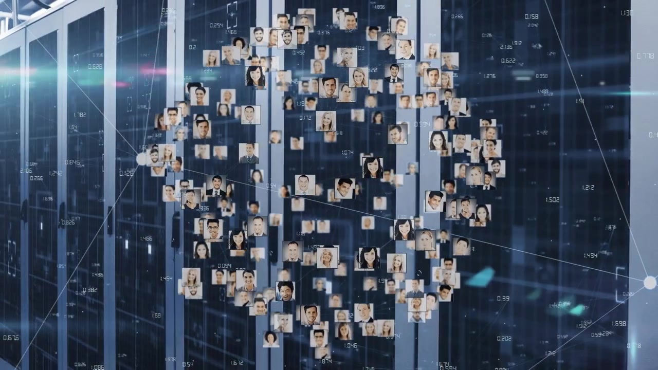 Animation of globe made of user photos rotating over servers